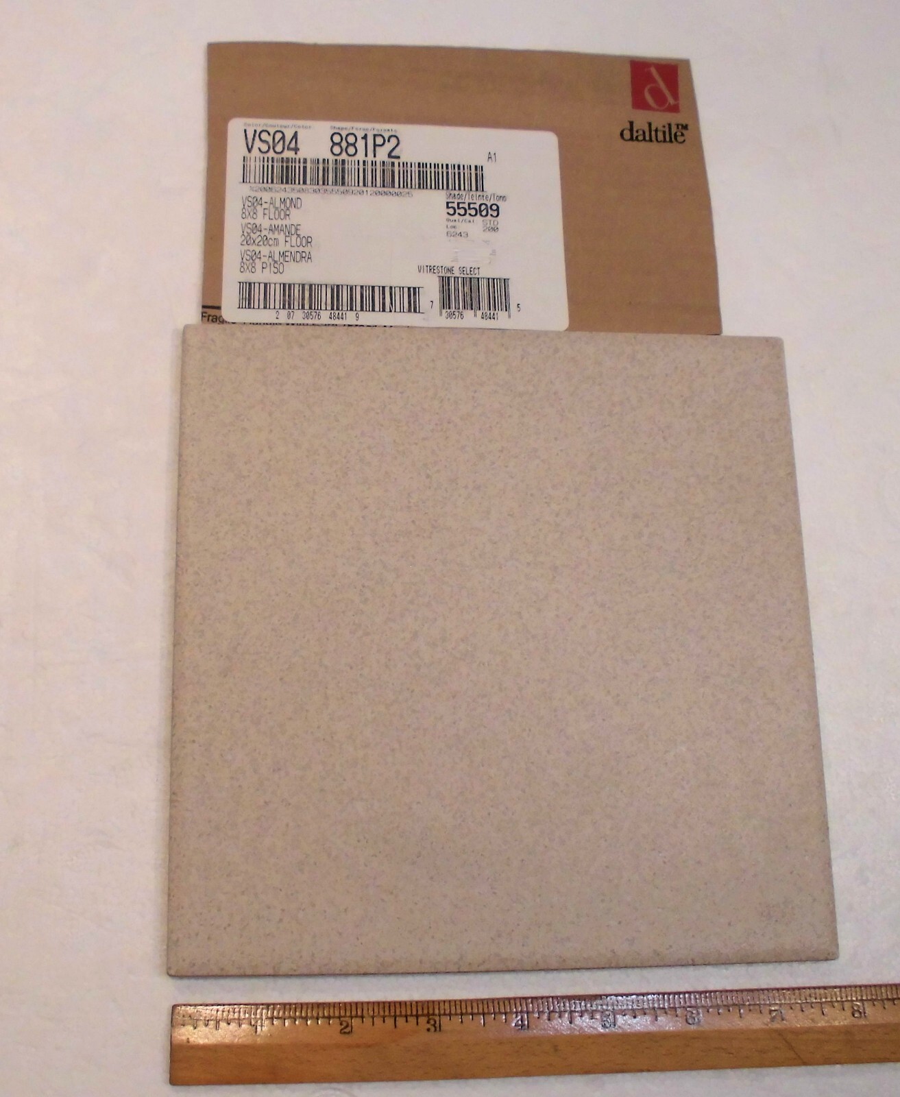 1 pc. Speckled Almond: Daltile Ceramic Floor Tile: 8″ X 8″ + light grays & brown
