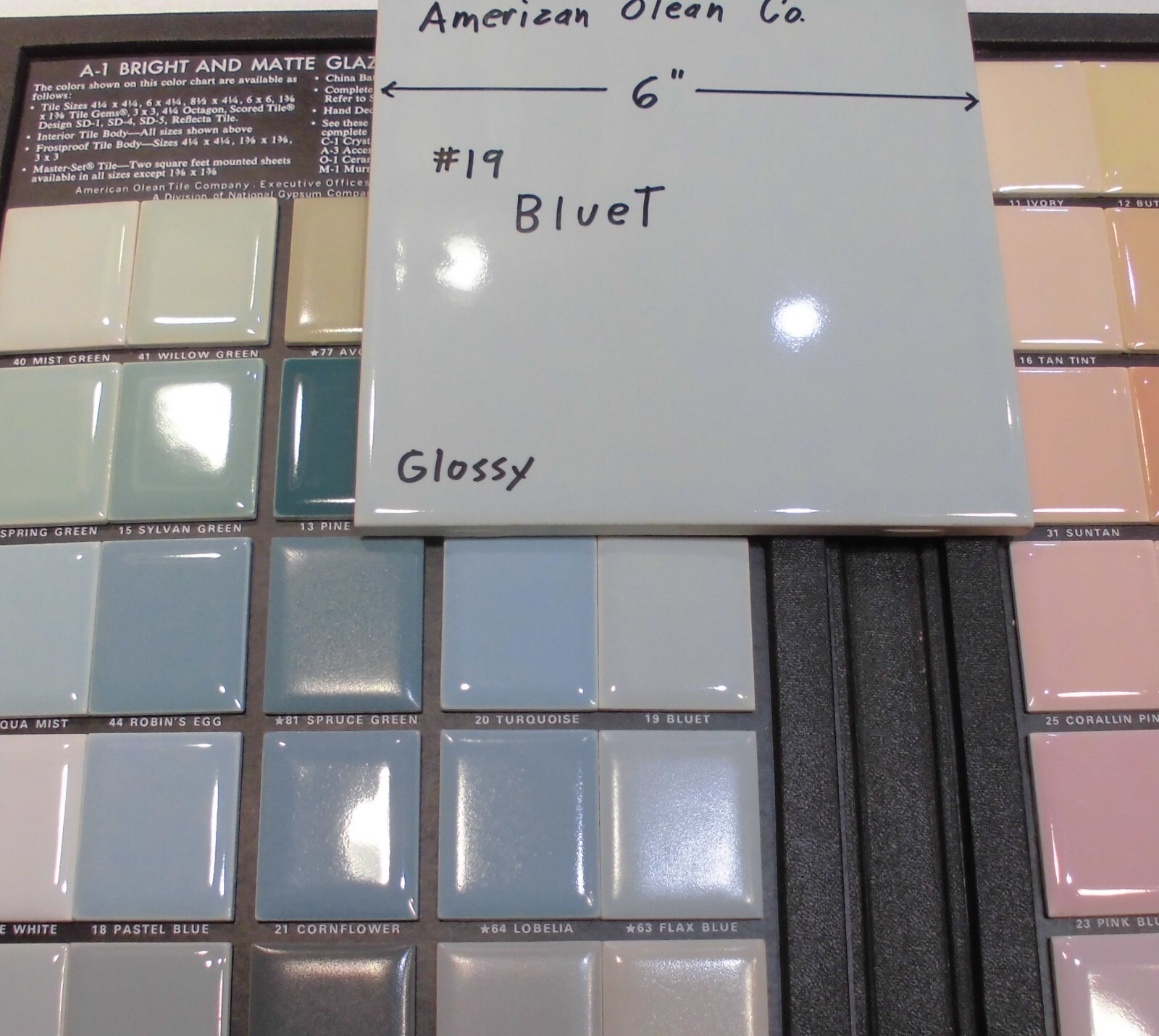 1 pc. 6″ X 6″ Glossy Ceramic Tile *Bluet – Blue* American Olean: with defects