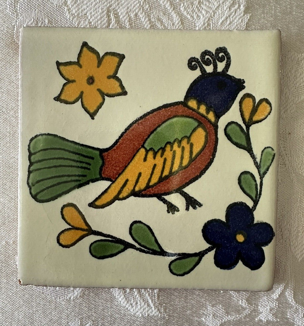 Mexican Red Clay Tile Folk Art Bird Handmade Talavera Backsplash Hand painted 4″