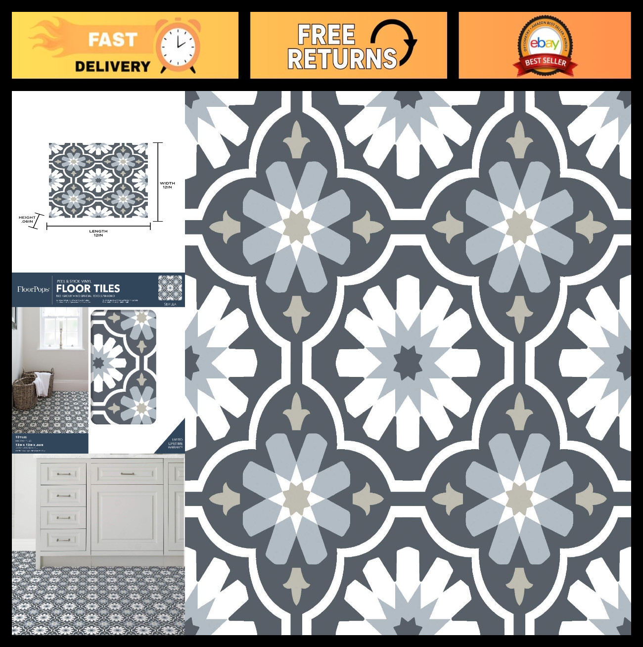 Peel and Stick Floor Tiles, Multicolor Sevilla Design, Easy DIY Home Flooring
