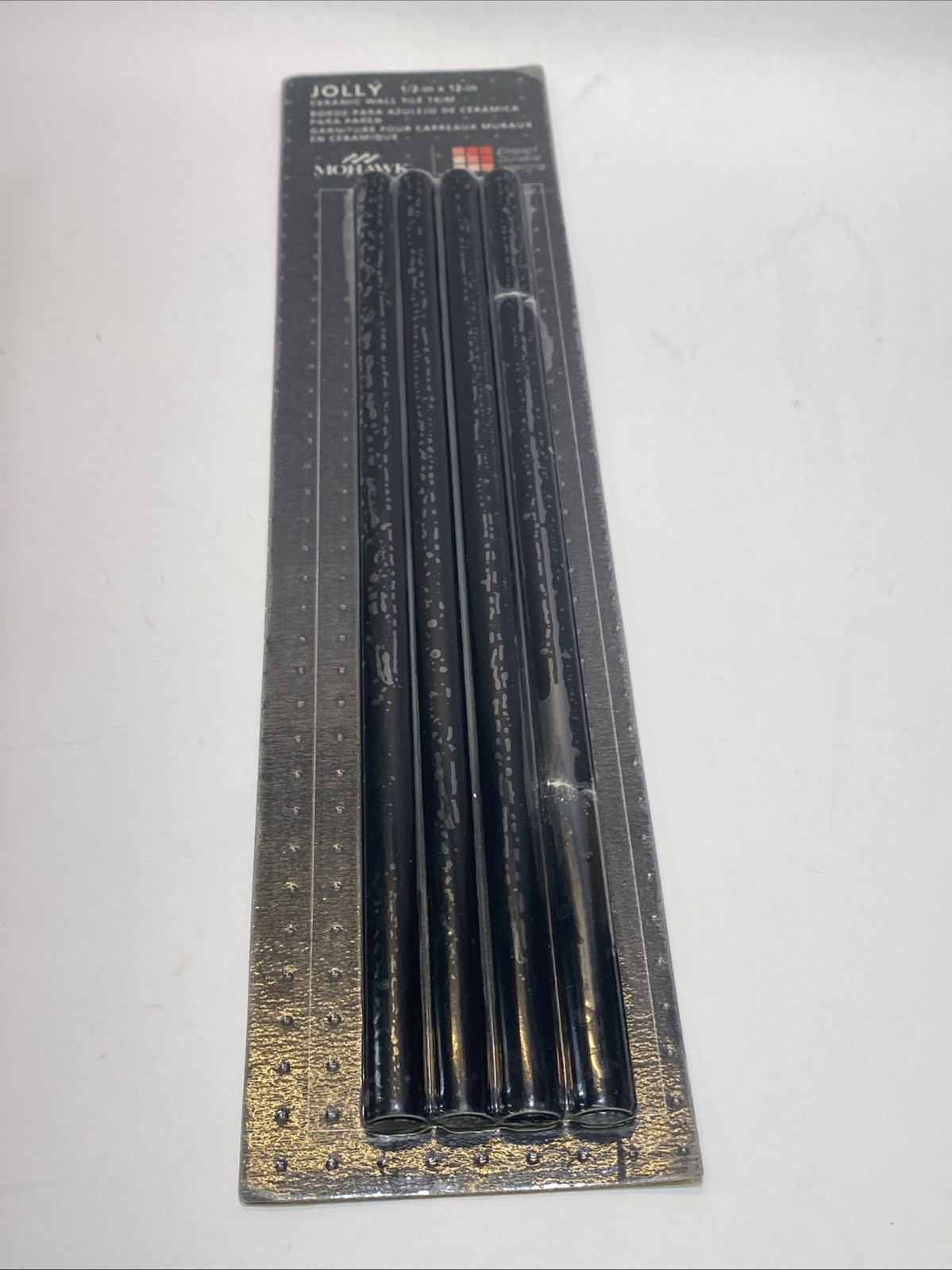 New Lot Of 3 Mohawk Jolly Gloss Black 1/2″ x 12″ Ceramic Wall Tile Trim 4 Pc