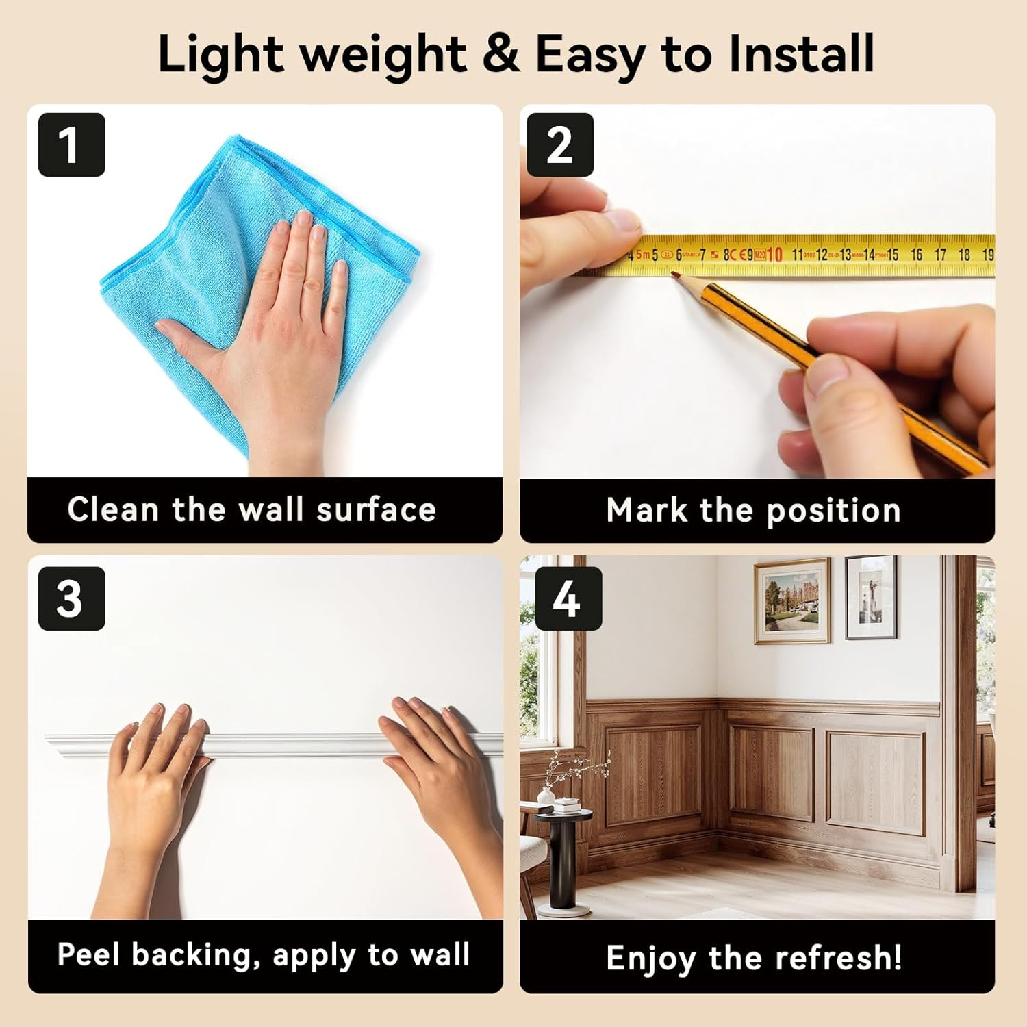 Peel and Stick Wall Molding Kit – Paintable Wainscoting Panels (3-Frame Set)