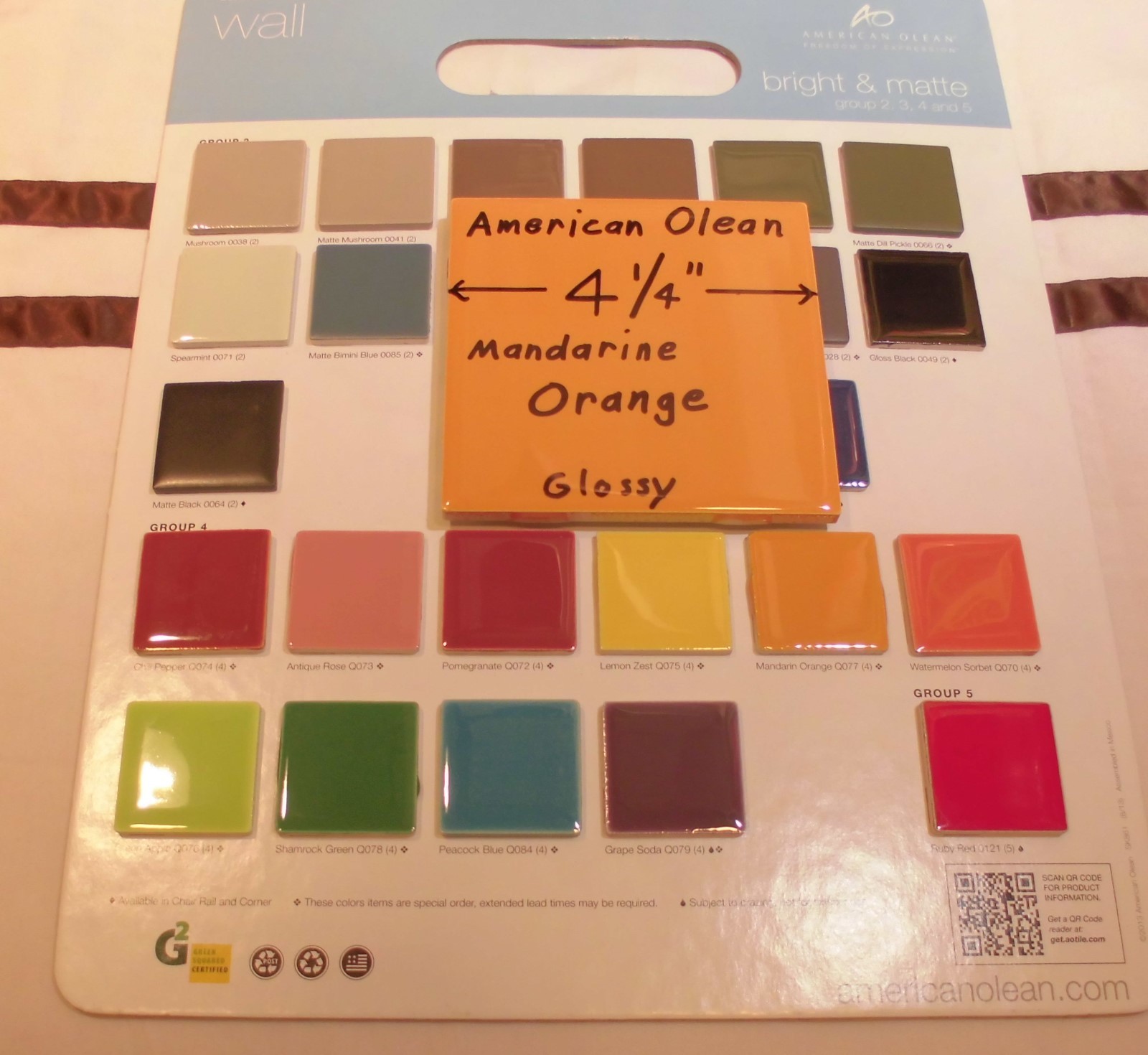 1 pc. Glossy Ceramic Tile *Orange* by American Olean 4-1/4″ Brilliant Color, New