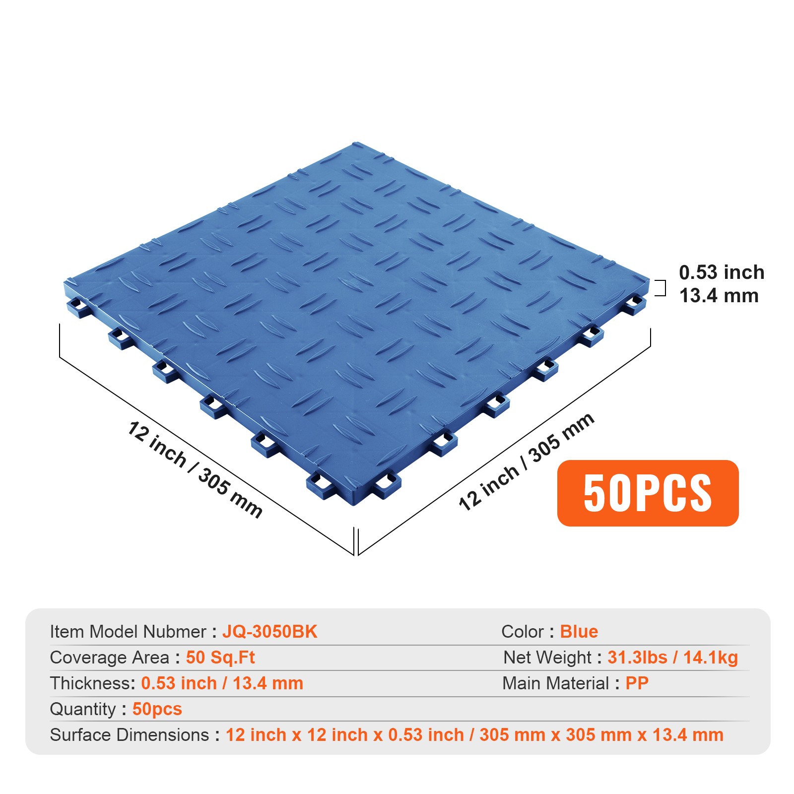 VEVOR Garage Floor Tiles Interlocking Flooring 12×12″ 50 Pack Bulk 50 sq.ft Blue