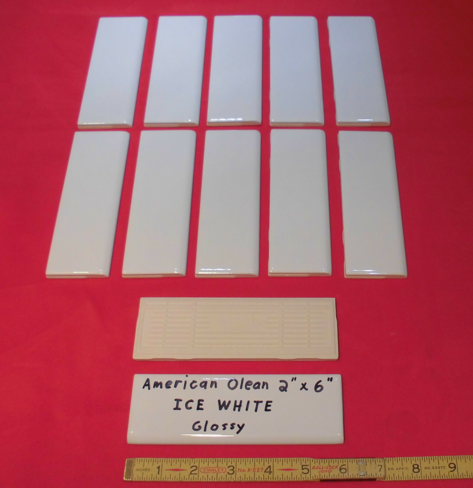 12 pcs. *Glossy Ice White* 2″ X 6″ Bullnose Ceramic Tiles; American Olean, New