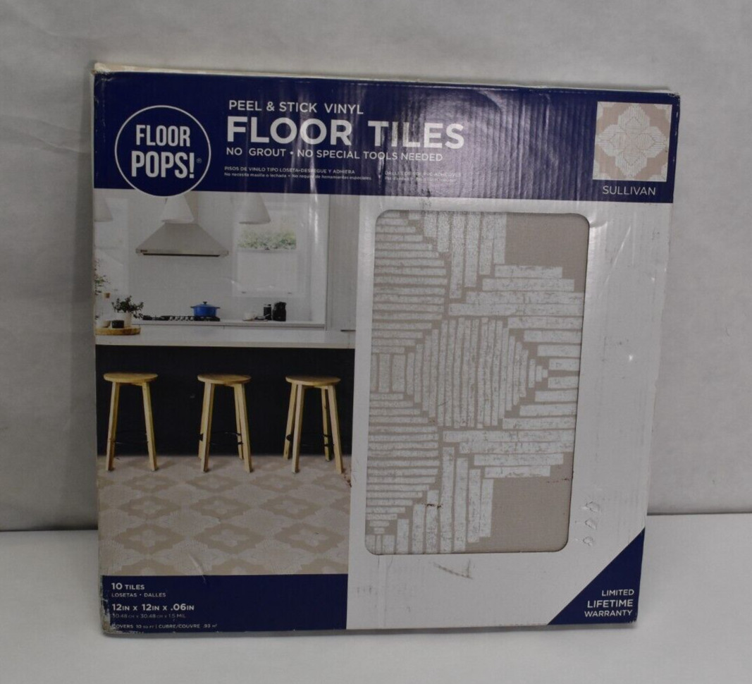 FloorPops Sullivan Peel & Stick Floor Tiles Cream 12″ x 12″ x .6″ Pack Of 10