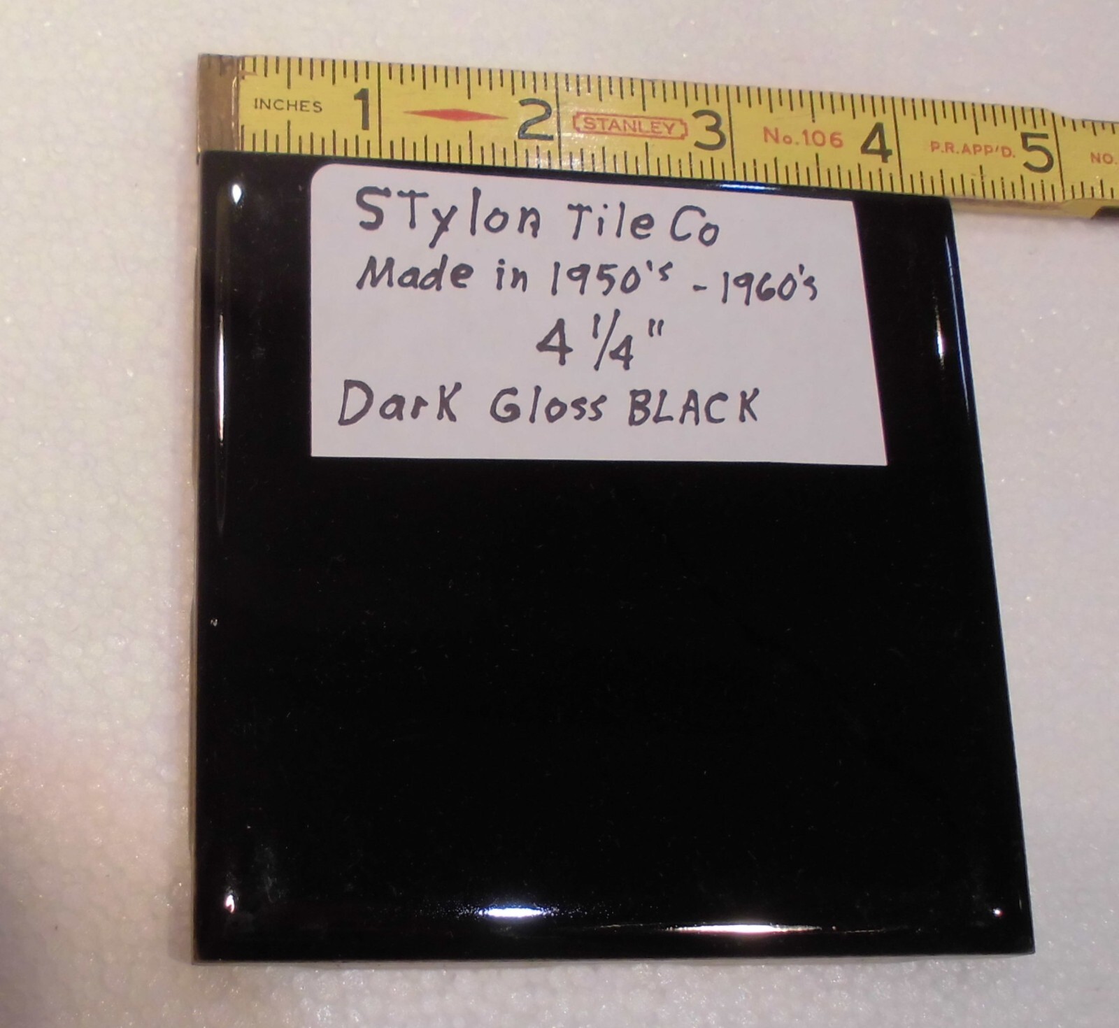 1 pc. Dark Gloss Black: 4-1/4″ Ceramic Tile by Stylon Co. Made in 1950’s -60’s