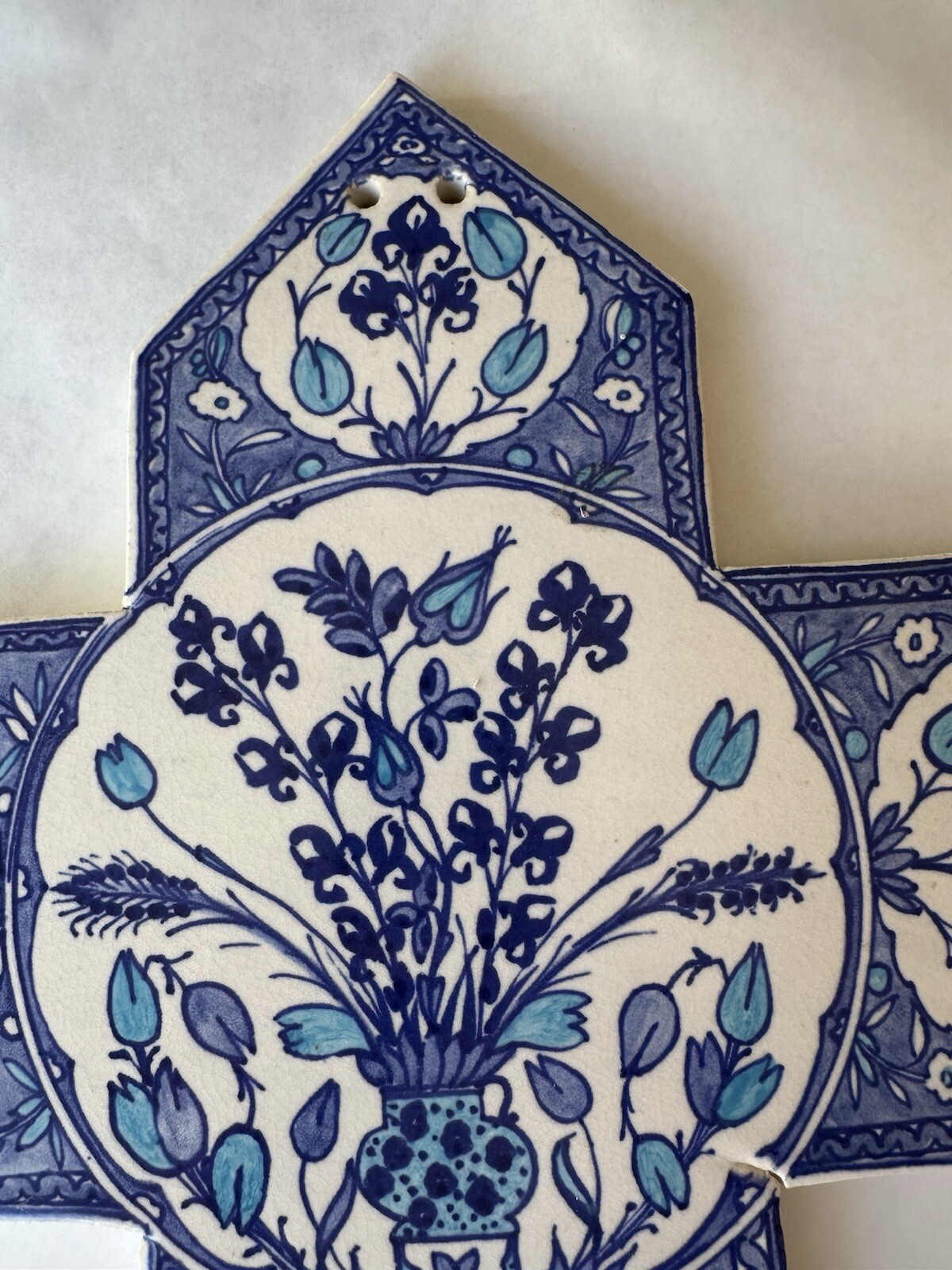 Large Vintage Hand Made Tile Wqll Art Blue Flower Floral Signed James 15″ NB3
