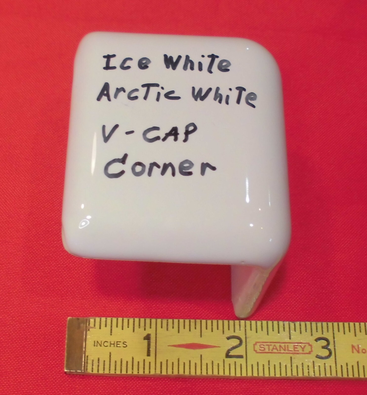 1 pc. Glossy Ice/Arctic White: V Cap Corner Ceramic Trim Tile: Countertop Edging