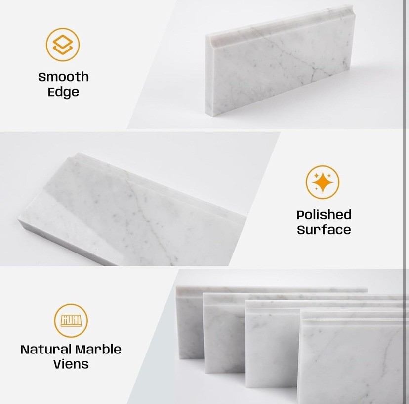 Carrara White Marble Baseboard Trim Molding, 4.5″X12″ Polished Wall Base 4 Pcs