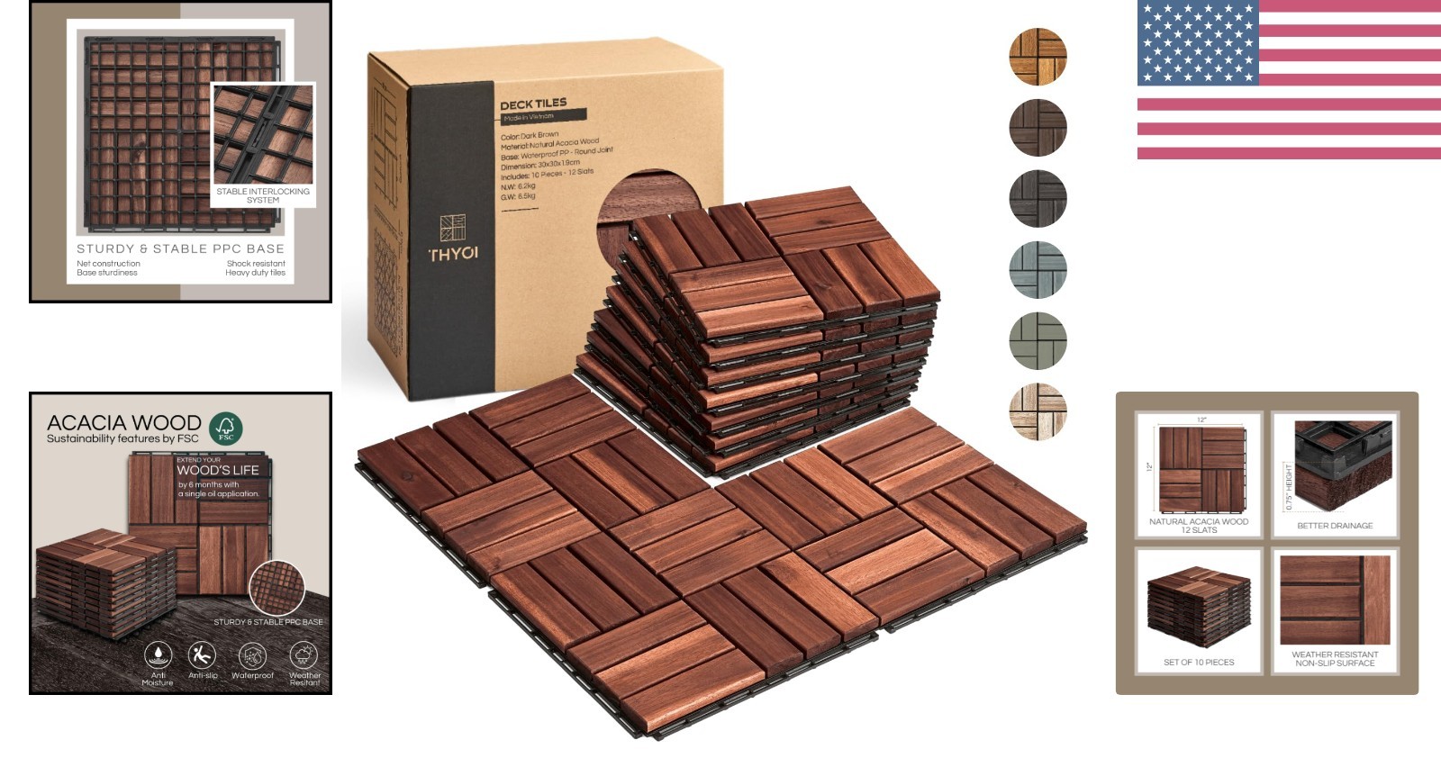 Elegant Outdoor Acacia Wood Deck Tiles – Waterproof Set of 10 for All Weather