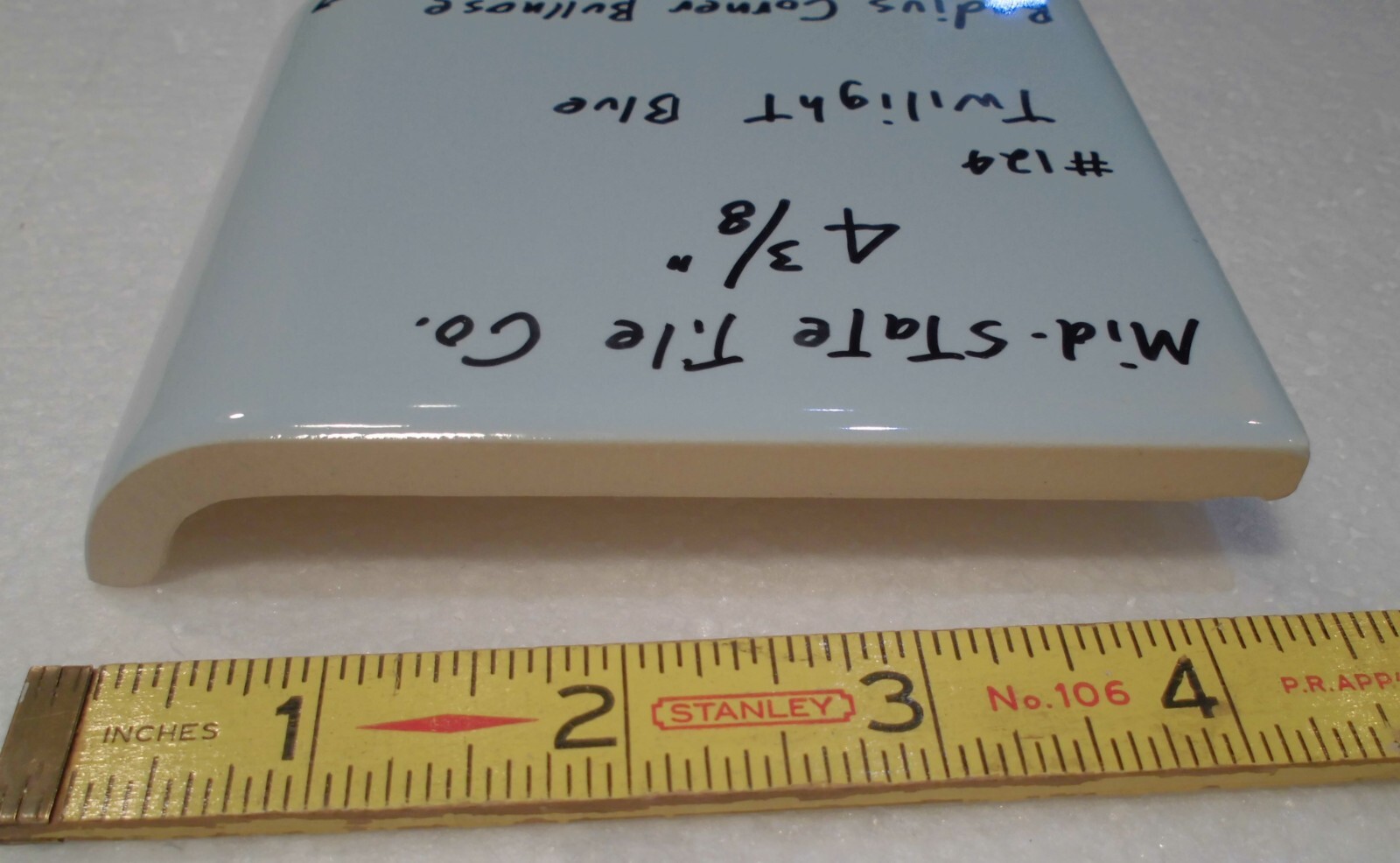1 pc. Corner Bullnose; Twilight Blue Glossy Ceramic Tile; Mid-State 4-3/8″ Mudd