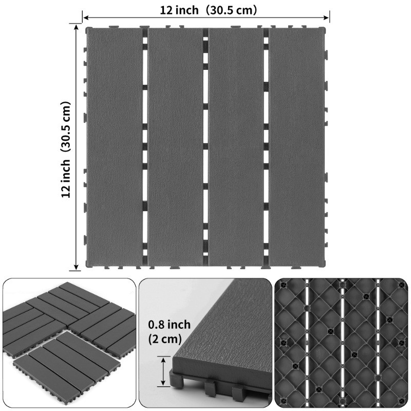 44-Pack Plastic Interlocking Decking Tiles, 12×12 Inches, Dark Gray