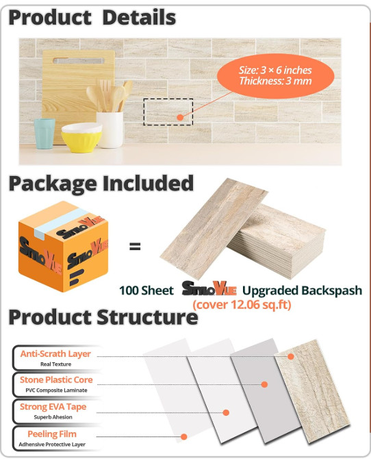 100pcs Peel & Stick Backsplash 3×6 PVC Subway Tile Grayish Beige