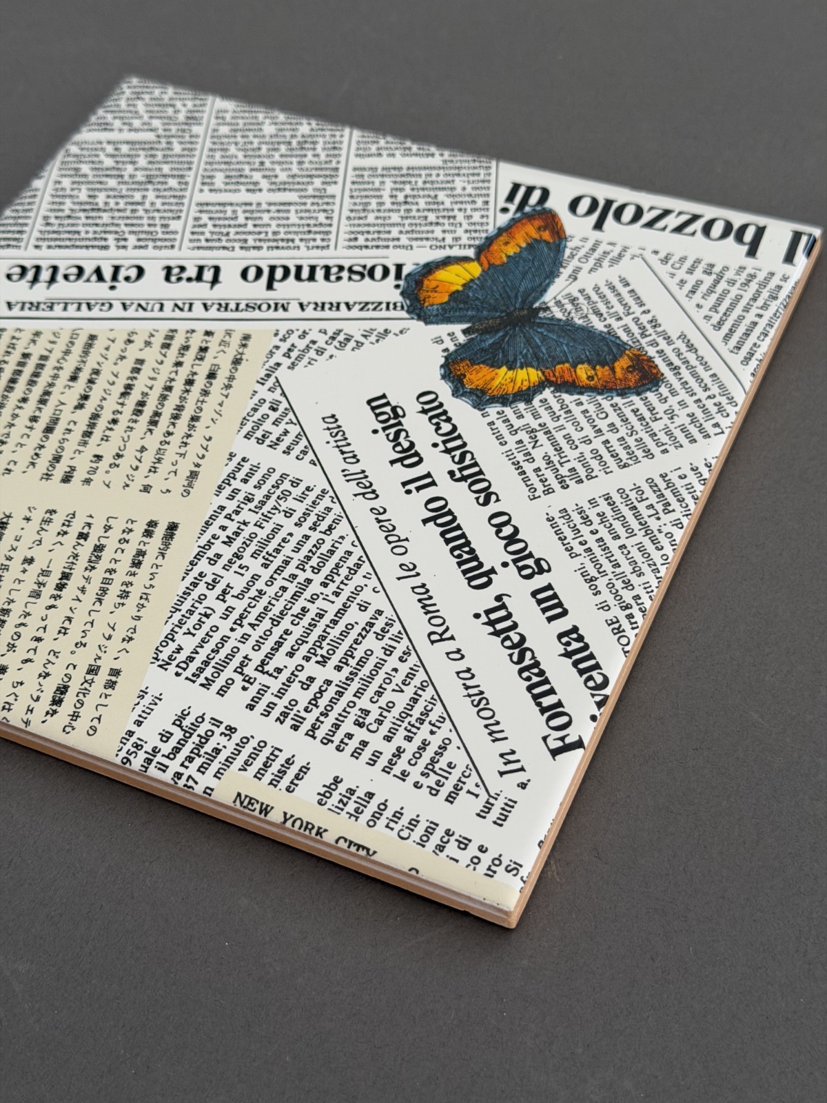 Fornasetti Newspaper & Butterfly Tile Pair 8×8 – Ceramica Bardelli Italy