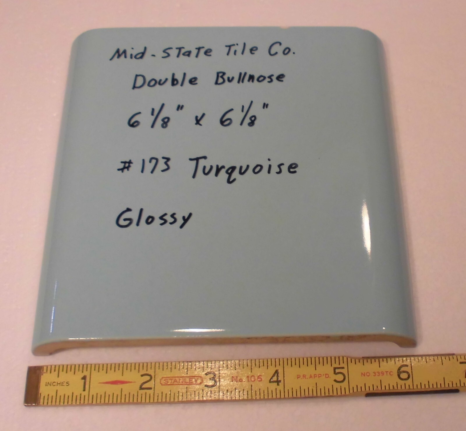 1 pc. Turquoise 6″ x 6″ Double Radius Bullnose Glossy Ceramic Tile: made 1950’s