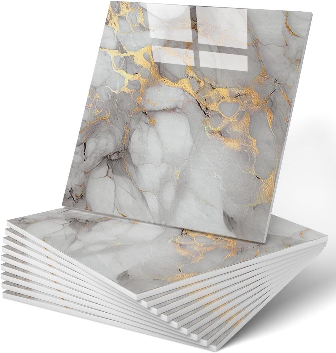 Self-Adhesive 11.8” Marble Wall Tiles – 20PC Waterproof PVC Panels in Gold