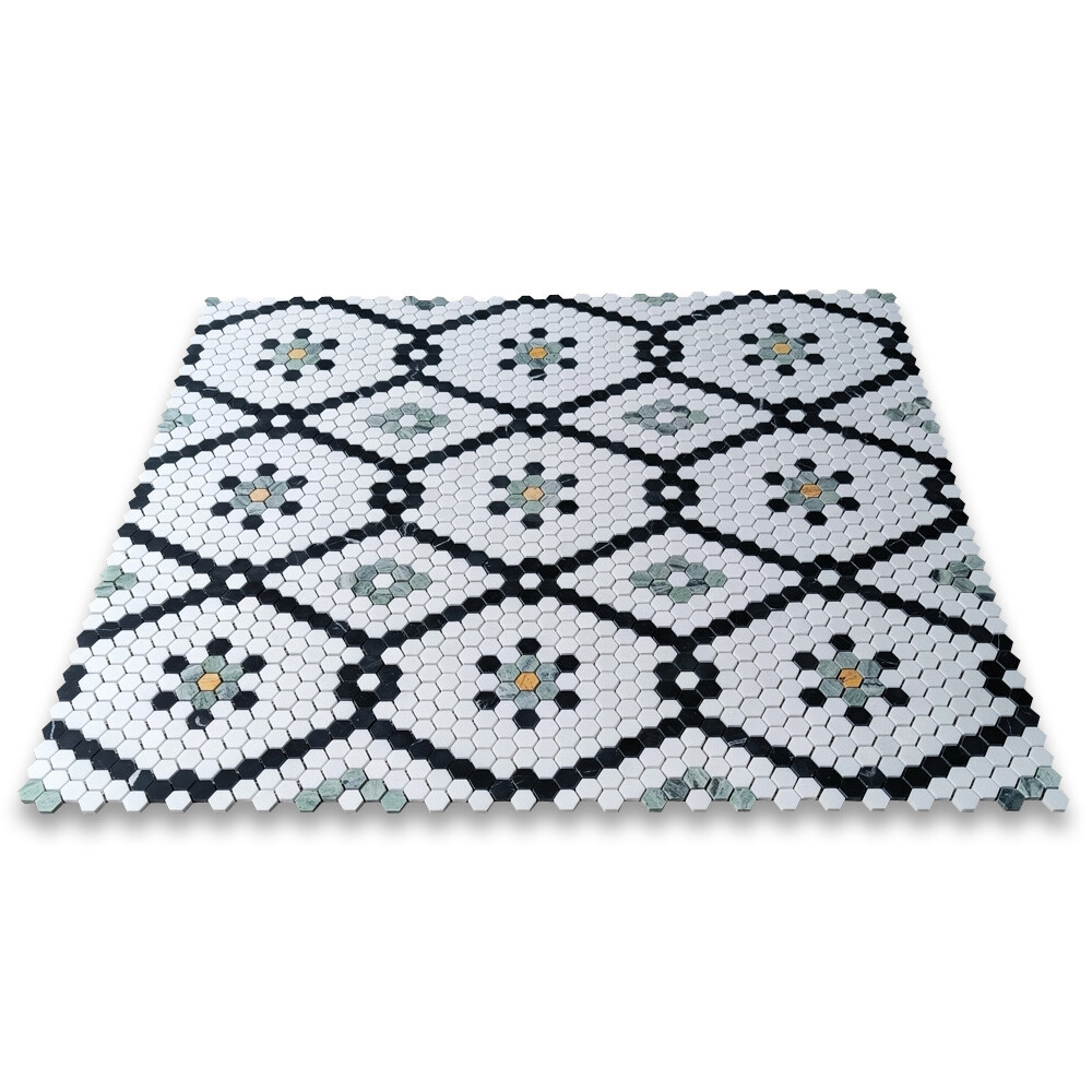 T31F6XH Thassos White Marble Hexagon Snowflake Mosaic Tile Black Green Gold