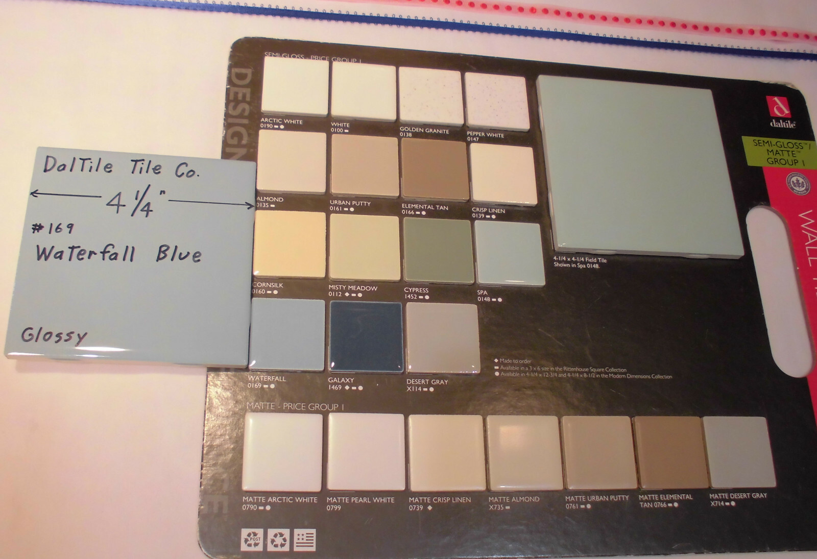 5 pcs. Waterfall Blue: 4-1/4″ Glossy Ceramic Tile by Daltile, Light Blue, NEW