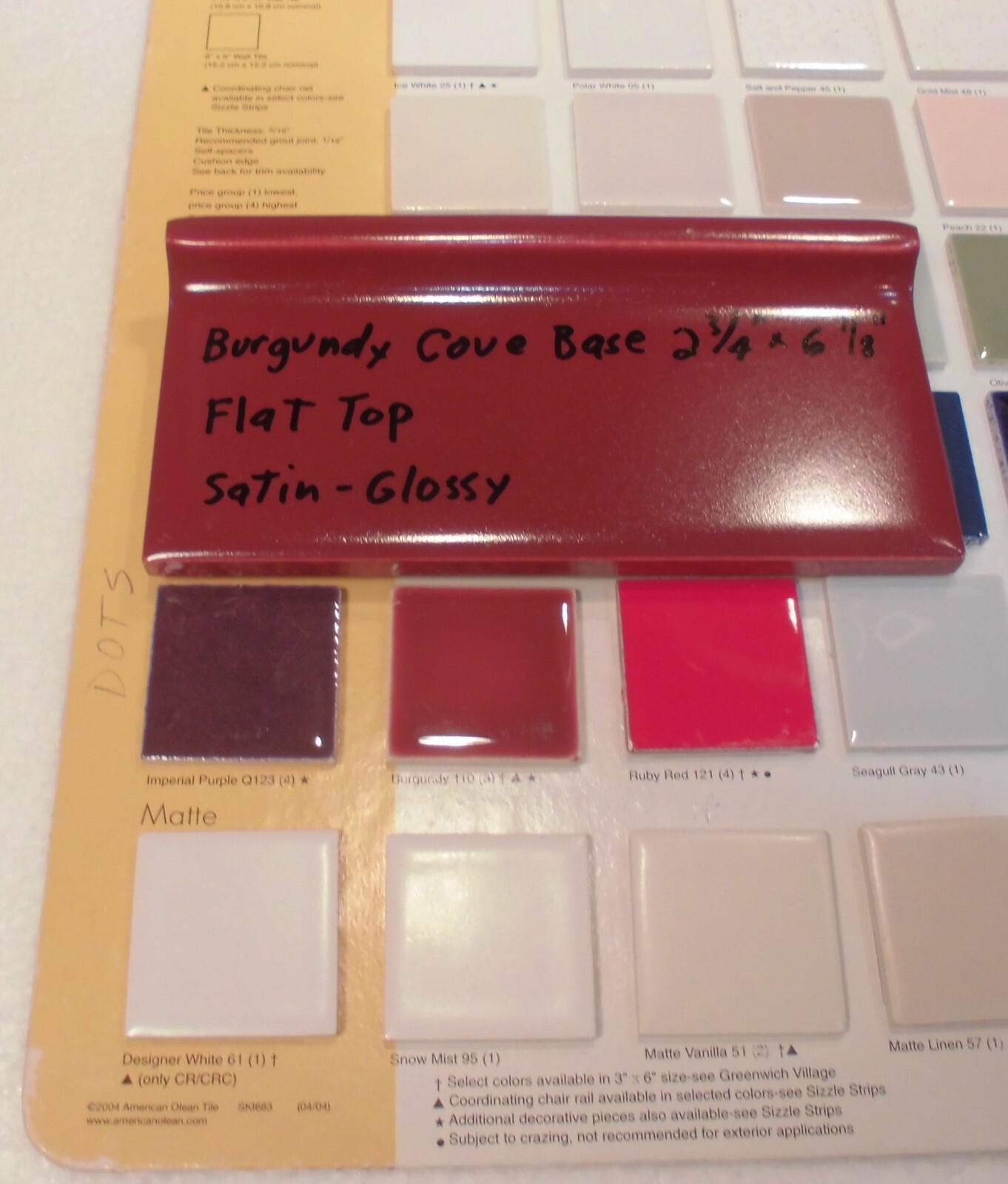 1 pc. Satin Gloss Burgundy: Flat Top base/cove Ceramic Tile: 2-3/4″ X 6-1/8″