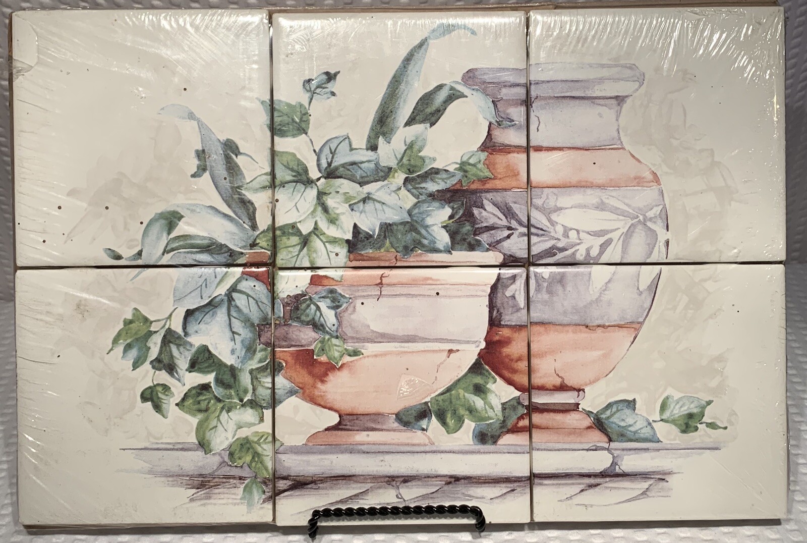13” X 8 1/2”CERAMIC ” TERRACOTTA & IVY POTS”ON GLOSSY WHITE WALL TILE Mosaic~BN