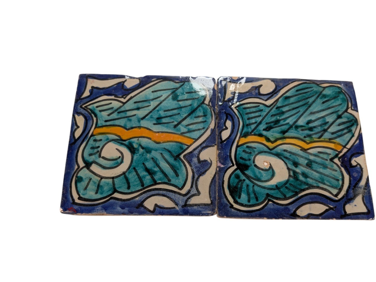 2x Moroccan Zellige Mosaic Tiles Pair Hamsa Design J 10cm/4 Inch