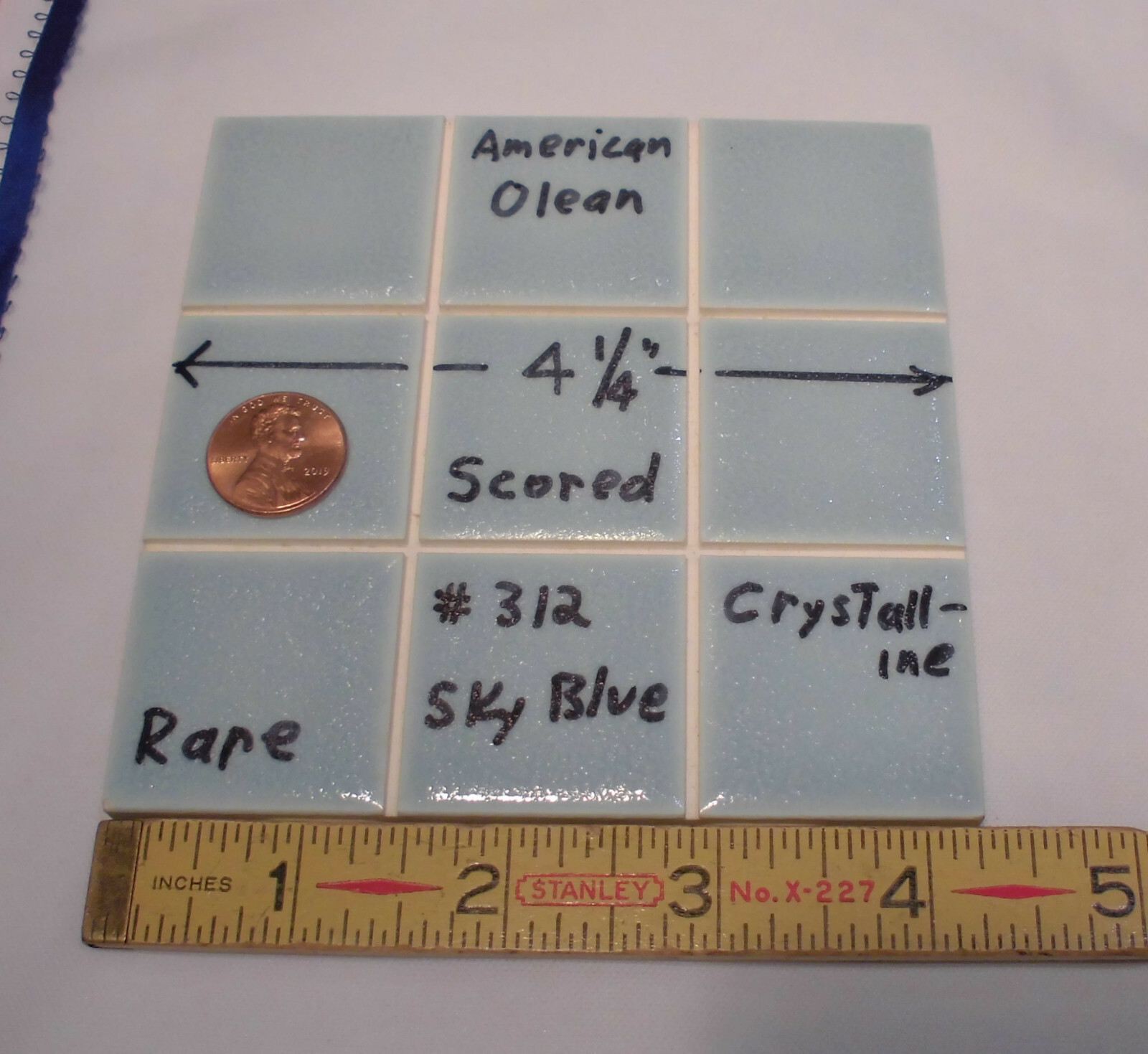 1 pc. 4-1/4″ Ceramic Tile *Sky Blue* Scored 9ths Crystalline; by American Olean