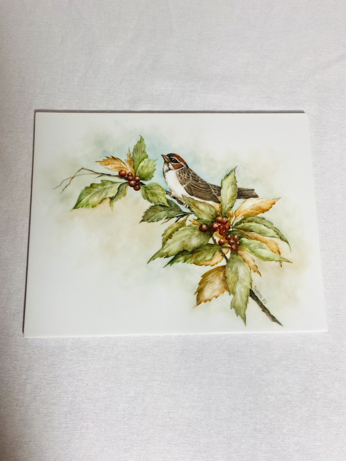 Sparrow on a Lingonberry Branch Art Border Backsplash Ceramic Craft Tile 8”x10”