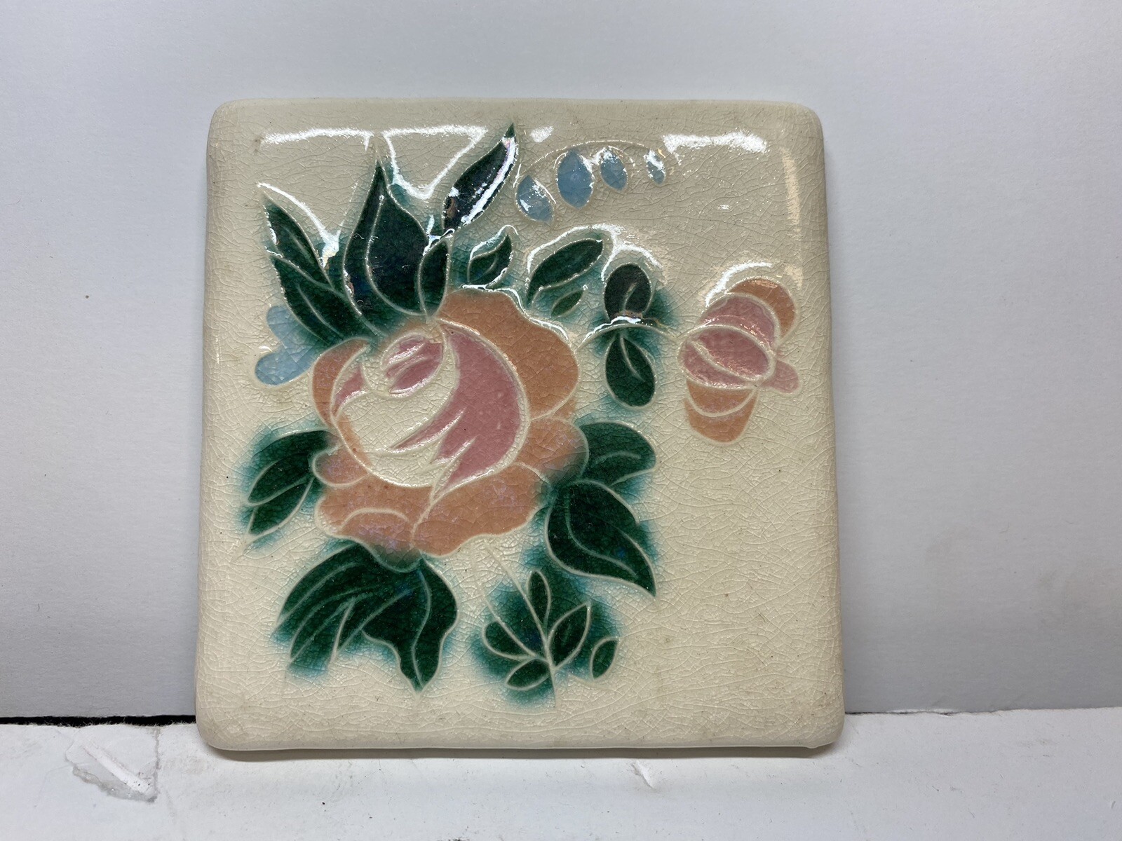 Vintage Ceramic Porcelain Kiln Fired Floral 4” Tile