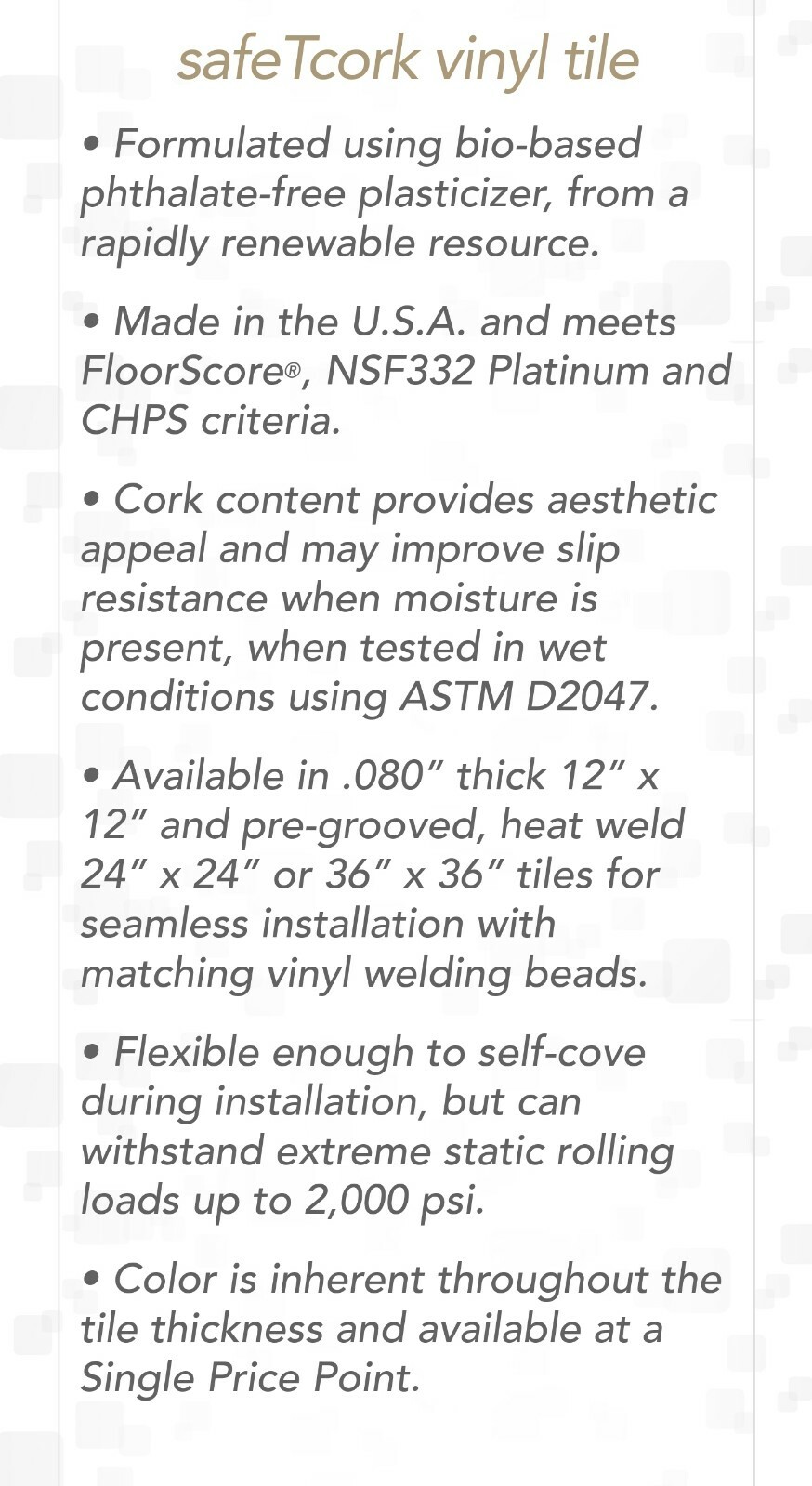 Roppe commercial Vynle Tile SafeTCork 12″x12″ box of (45) Vynle Tile Flooring