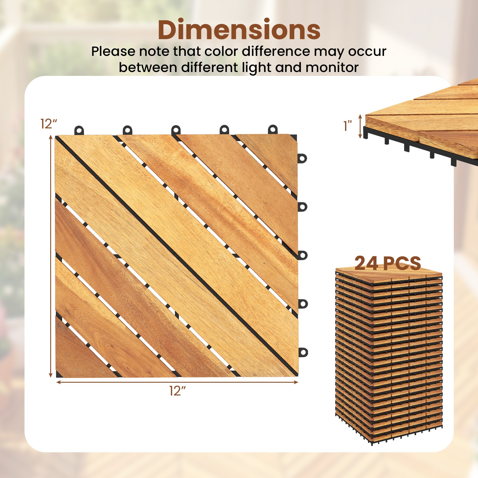 12″ x 12″ Acacia Wood Interlocking Deck Tiles24 PCS Waterproof Flooring Tiles