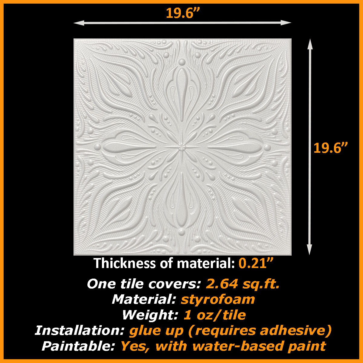 Ceiling Tiles Glue Up Styrofoam 20×20 R9 White Pack of 96 pcs 253 sq ft