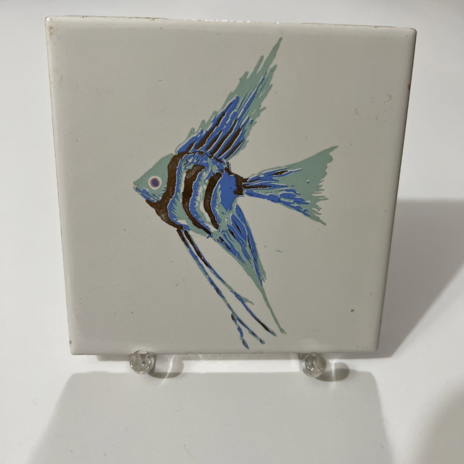 Fish Tile Decorative Angel Fish Blue & Gold With Acrylic Stand 4.25X4.25”
