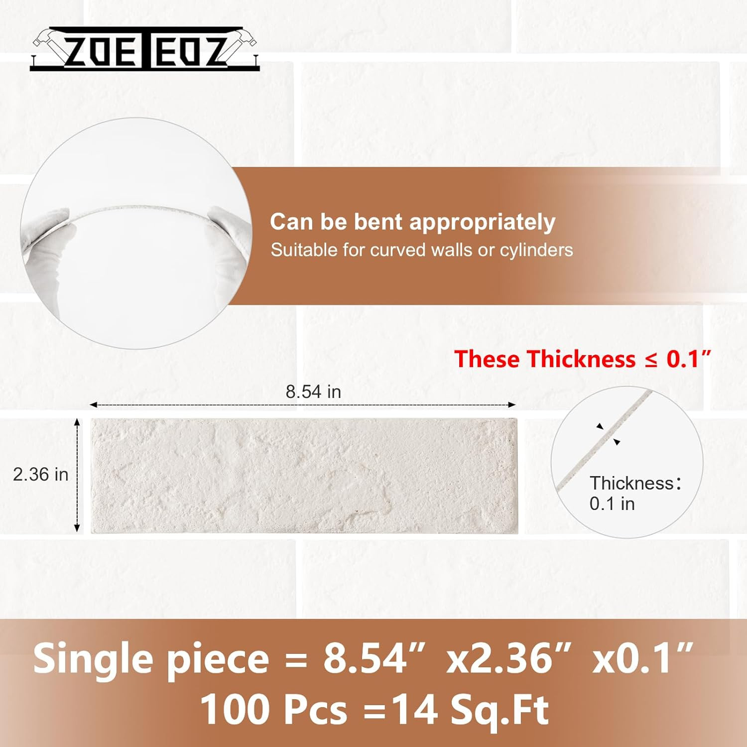 Faux Thin Brick 3D Wall Tiles, 4 Pcs, Eco-White, Lightweight for Indoor/Outdoor