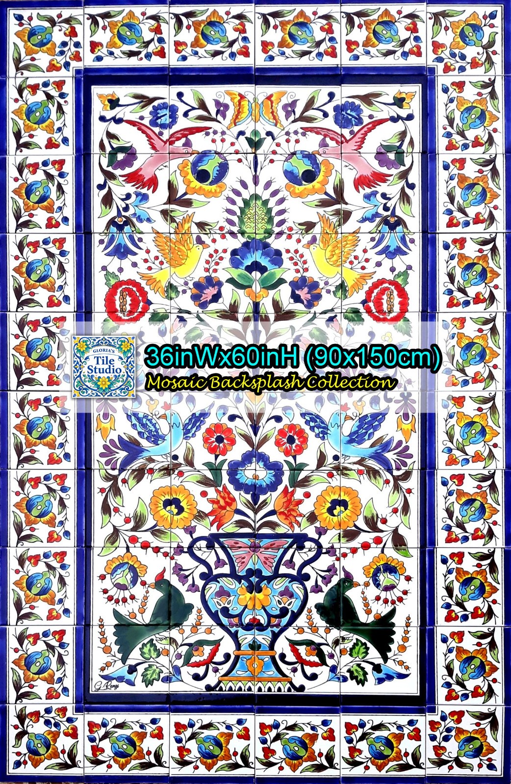 24inx48in Floral Garden Design Mosaic Backsplash, Ceramic Tiles Wall Mural