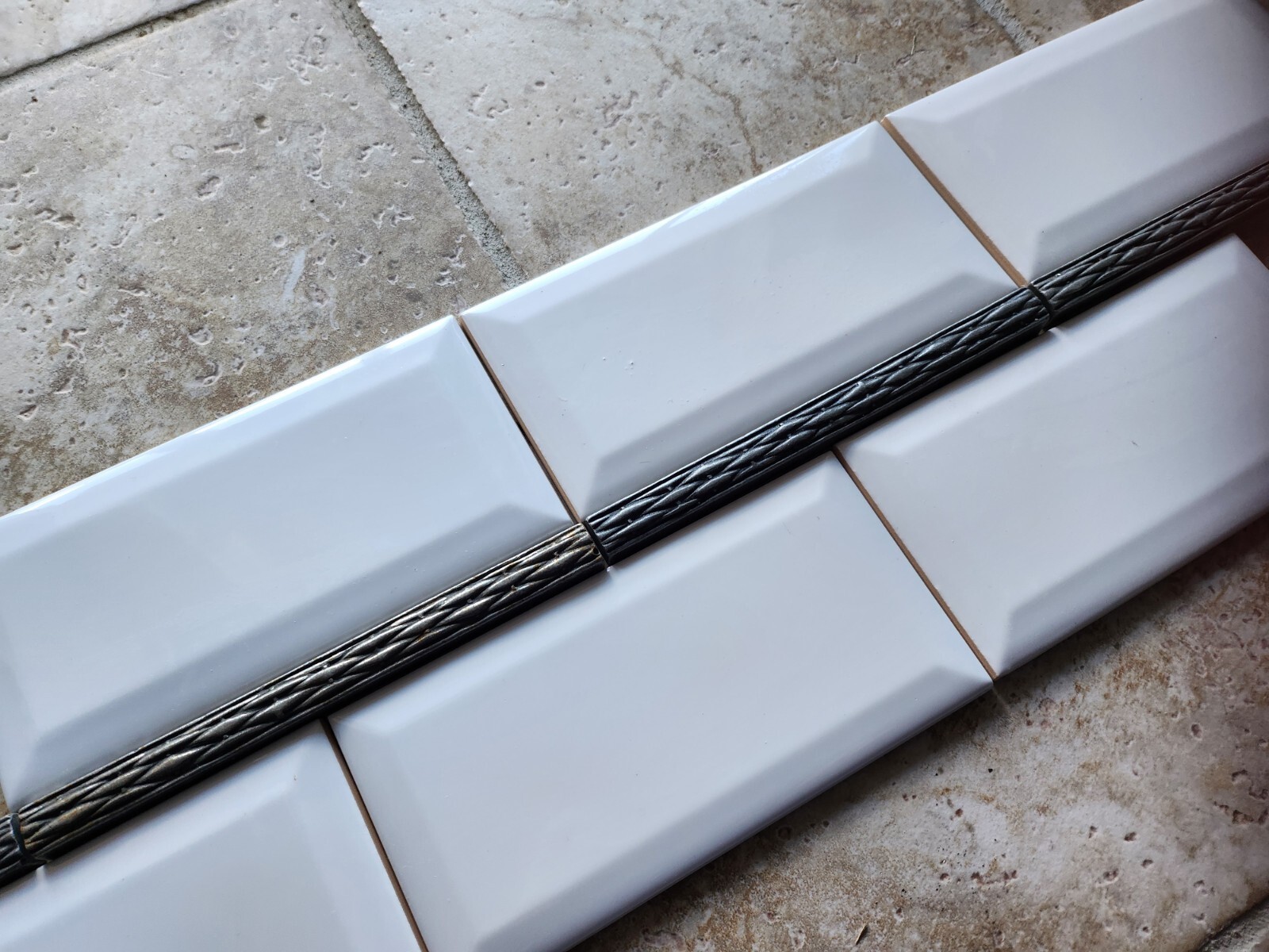 Basket Weave Pewter Tile Pencil Liner Metal Border. Brushed nickel satin finish.