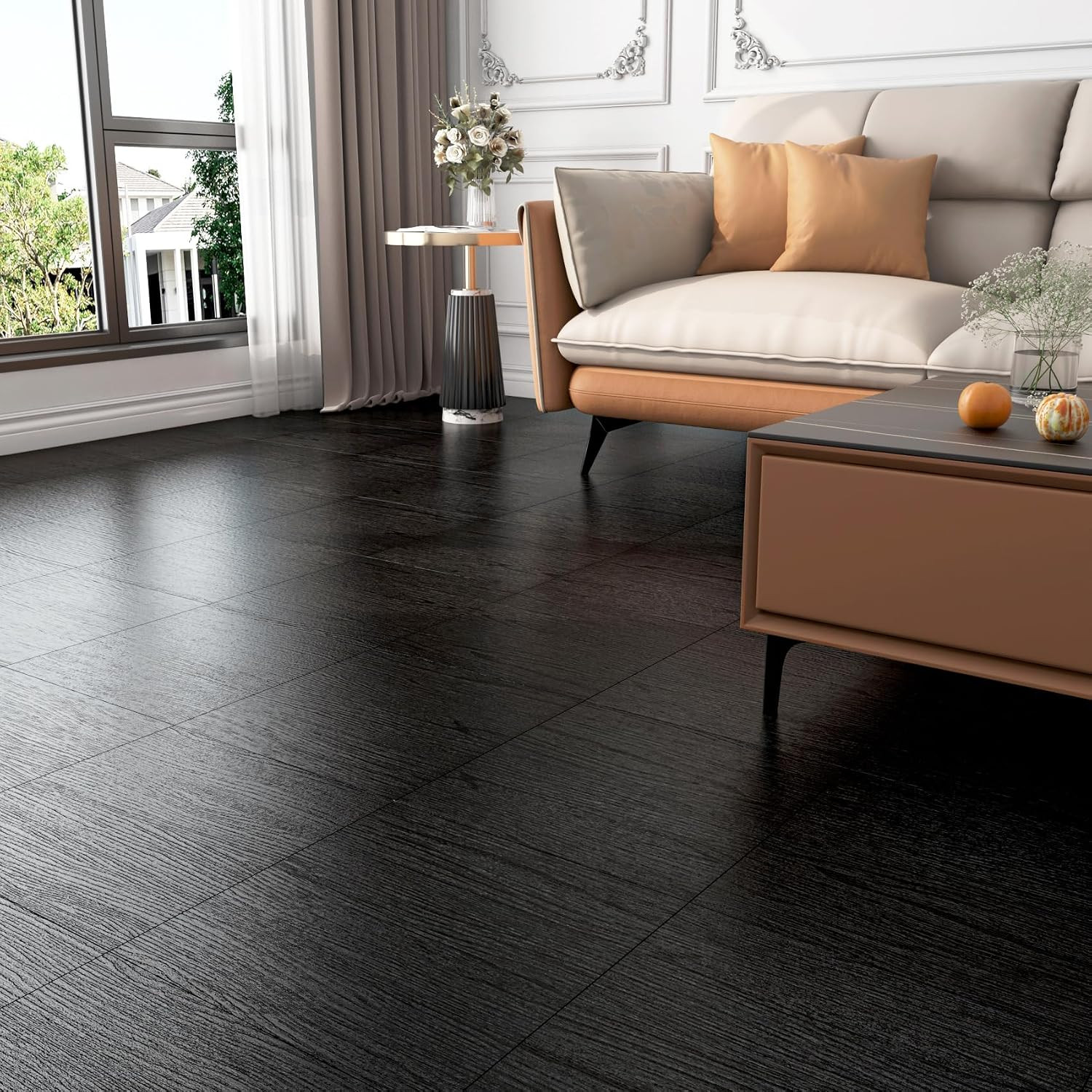 35-Pack 6″X36″ Black Wood Peel and Stick Floor Tile Waterproof Vinyl Flooring Pl