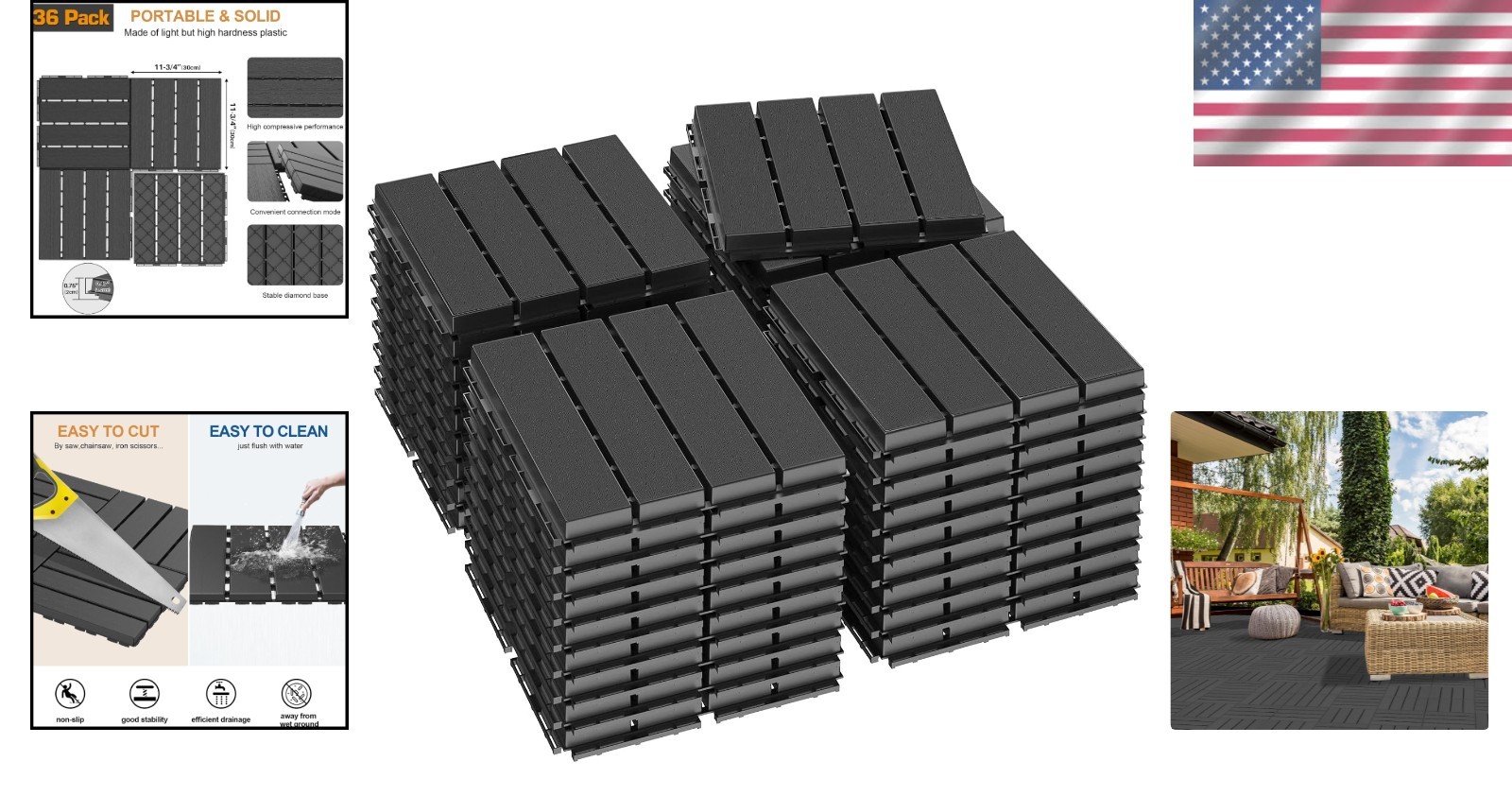 Dark Grey Interlocking Deck Tiles, 36 Pack, Waterproof