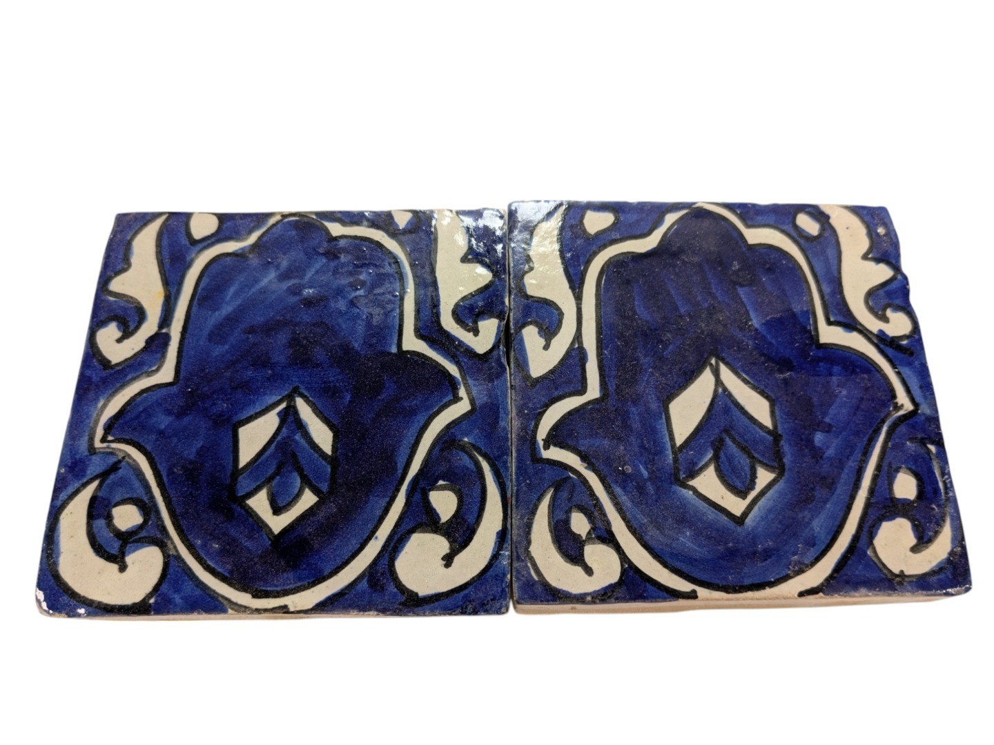 2x Moroccan Zellige Mosaic Tiles Pair Hamsa Design F 10cm/4 Inch