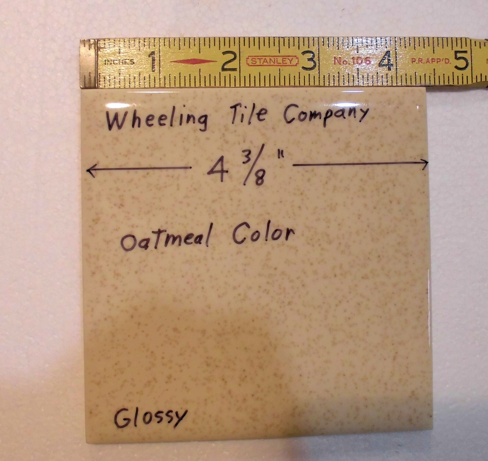 1 pc. Speckled Beige: 4-3/8″ Vintage Glossy Ceramic Tile by Wheeling Co. NEW