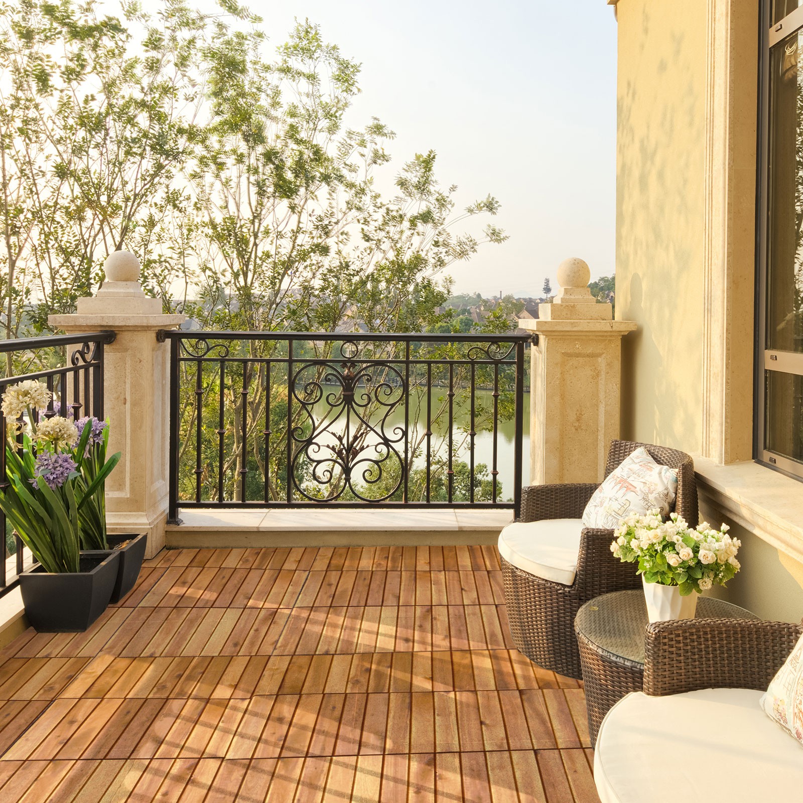 Costway 27PCS Patio Interlocking Tiles Acacia Slat Wood Garden Outdoor &Indoor