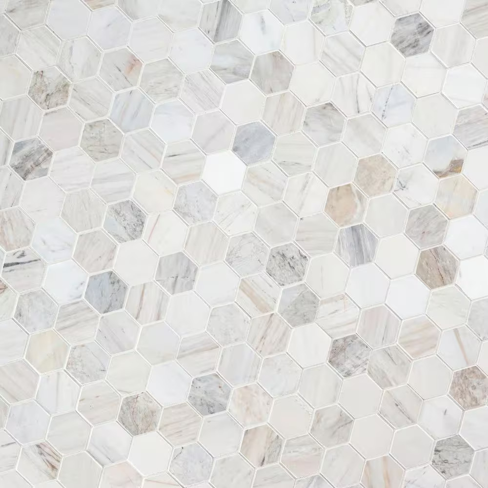 Angora 2 In. Hex 12 In. X 12 In. X 0.38 In. Polished Marble Mesh-Mounted Mosaic