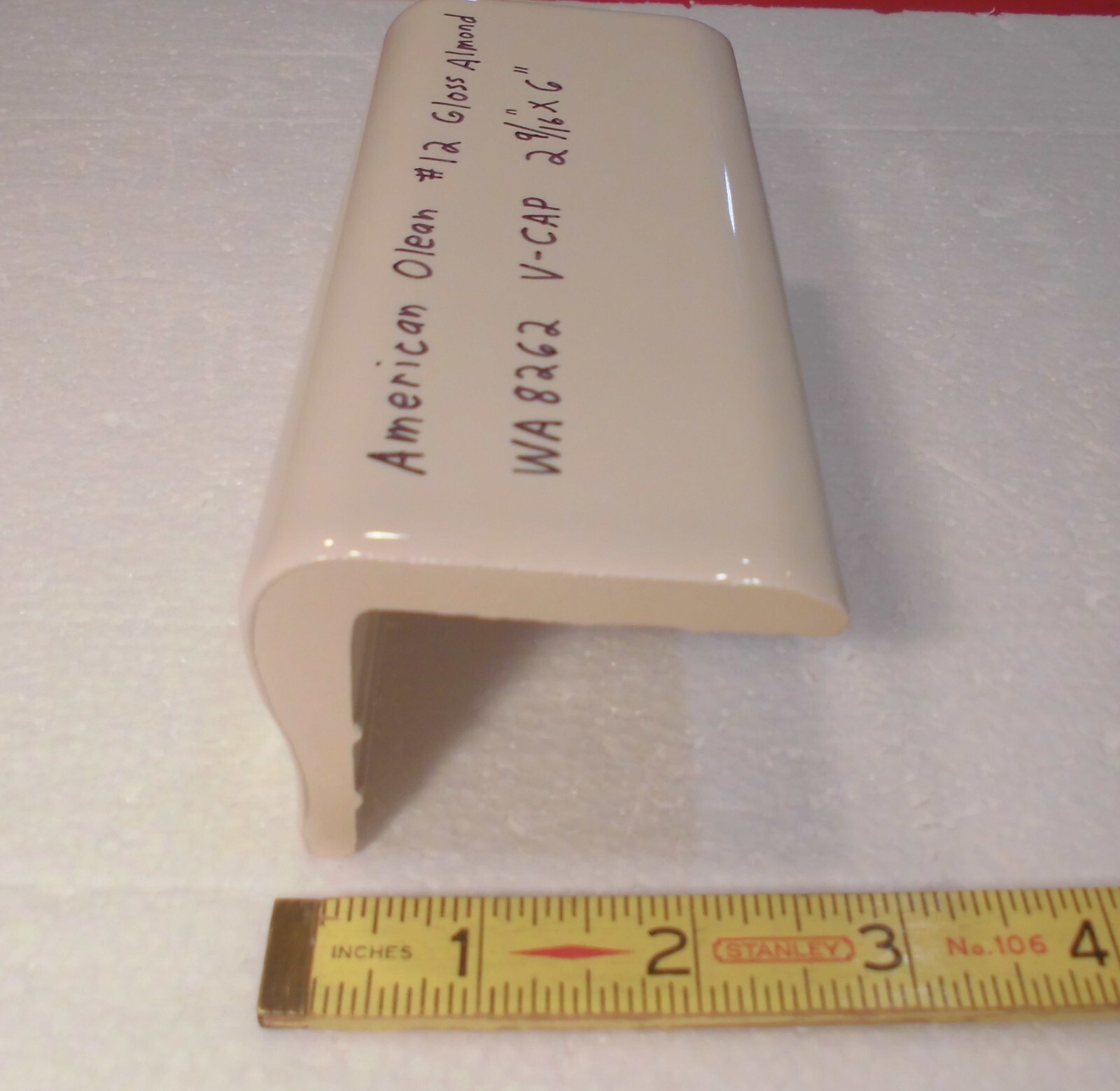 1 pc. Almond: V Cap Ceramic Trim Tile: Counter-Top Edging, American Olean #12