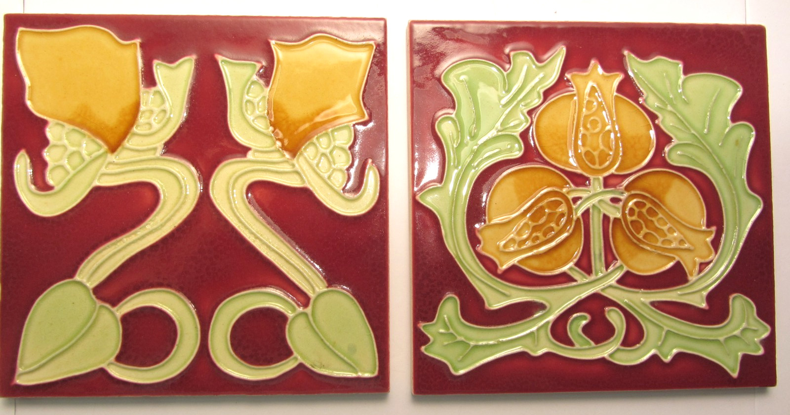 2 ART NOUVEAU TILES 6″ X 6″ BURGUNDY, GREENS & YELLOW Used Reproductions