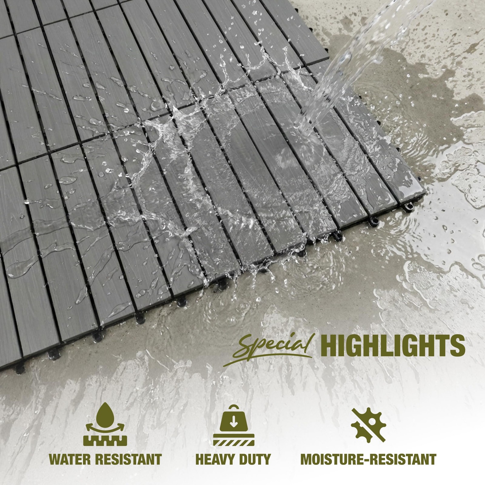 GREEN ALLUVIUM Premium Acacia Wood Interlocking Deck Tiles, 12×12 Inch, Gray