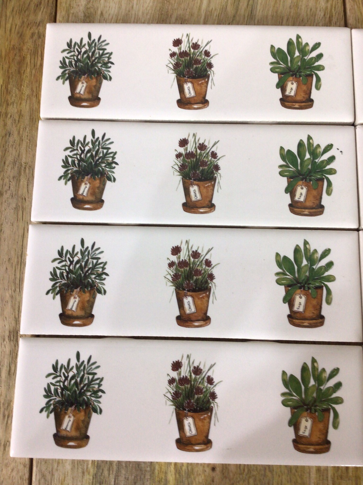 White Field Accent Wall Tile Potted Herbs Rosemary Chives Sage Set of 8