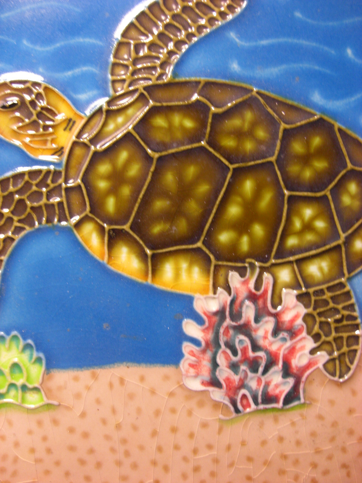 Sea Turtle Swimming in Coral-Seaweed Coastal 4X4 Ceramic Tile Scene