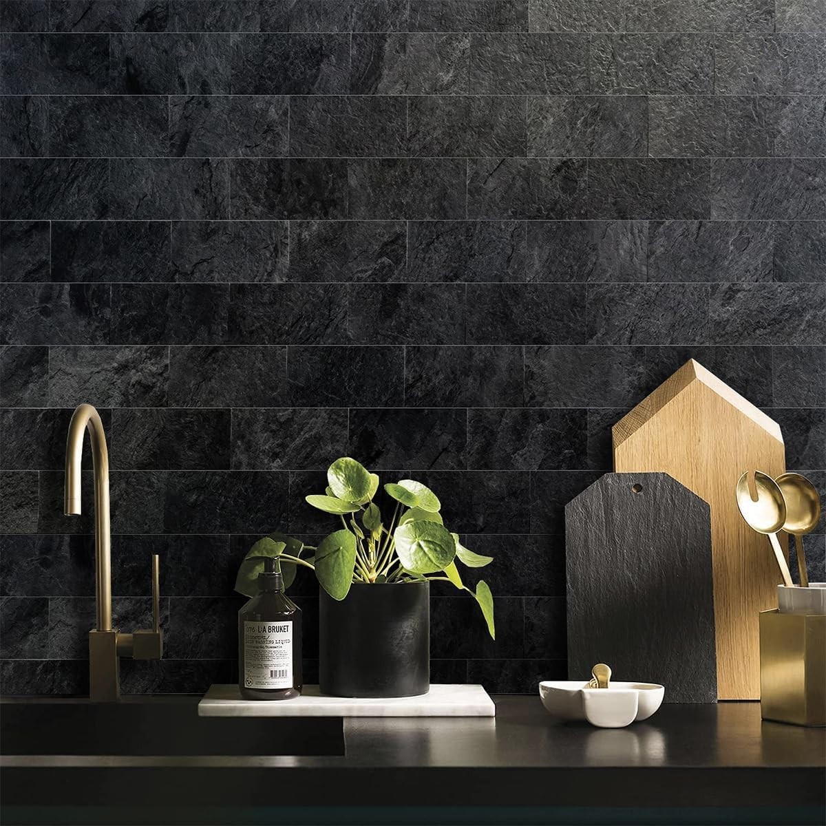 Piece Peel and Stick Backsplash Wall Tiles, 3″ x 6″ PVC Faux 75 pcs Black Slate