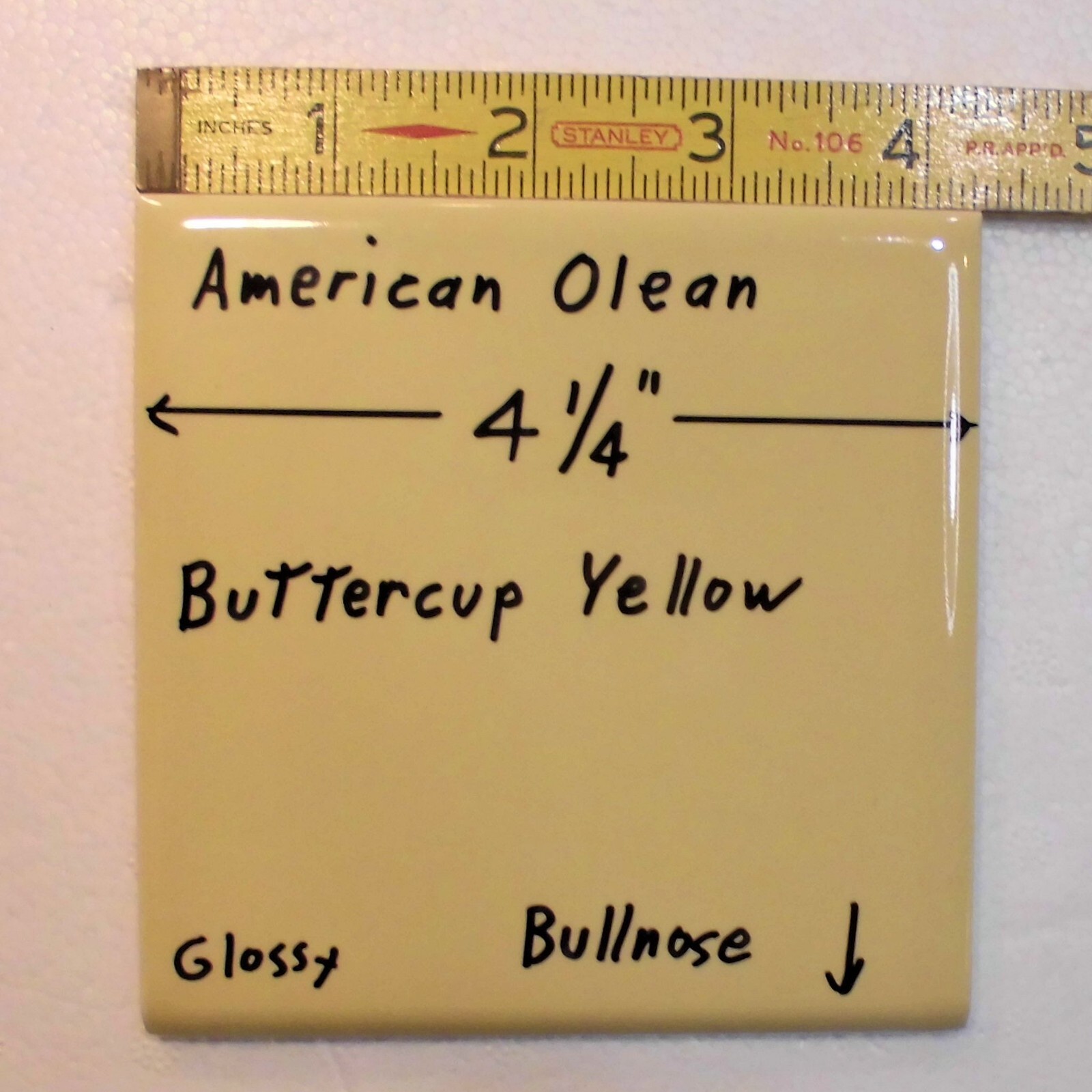 1 pc. Buttercup Yellow: 4-1/4″ Glossy BULLNOSE Ceramic Tile: American Olean, NOS