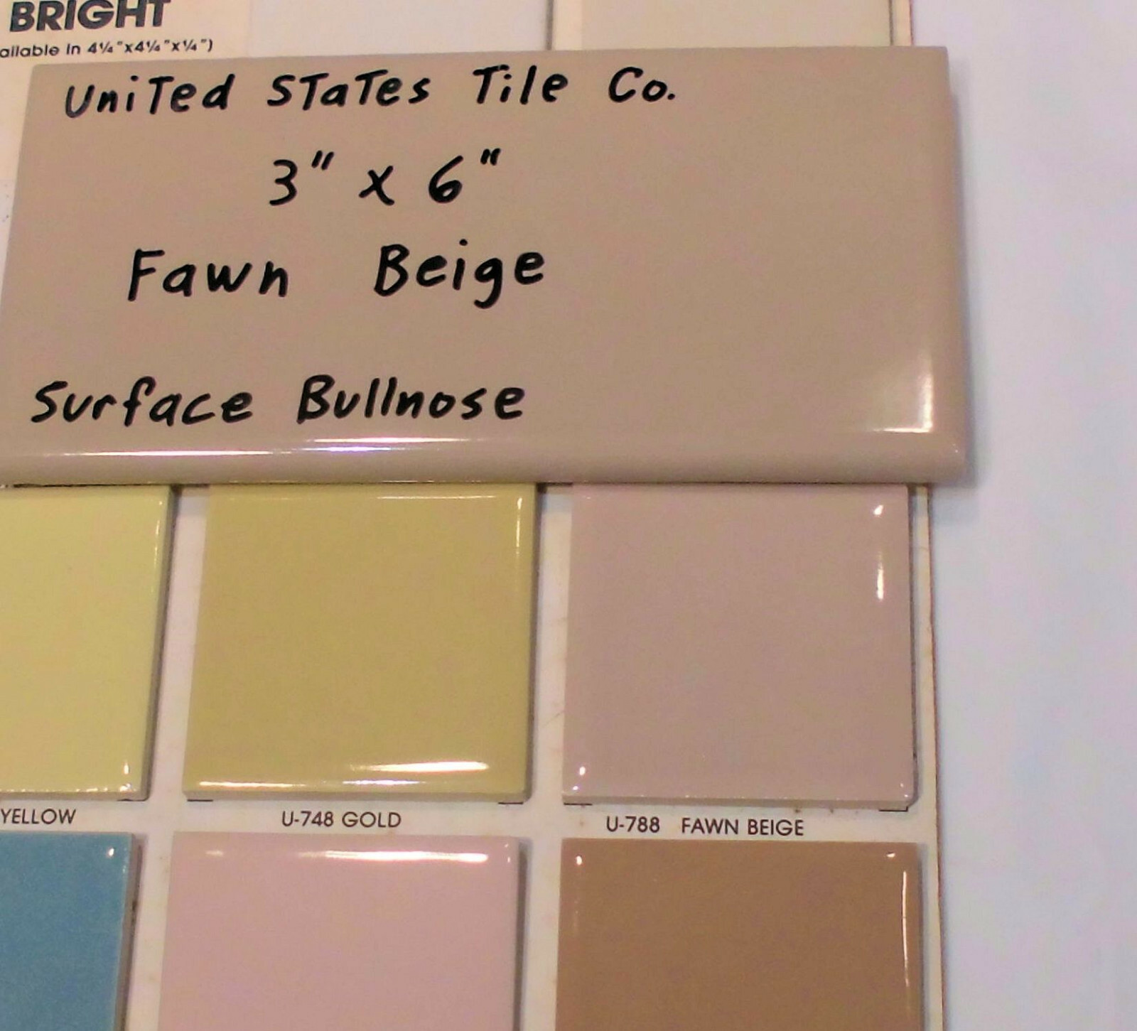 1 pc. Fawn Beige: 3″ X 6″ Glossy Bullnose Ceramic Tile: New Stock, Made USA